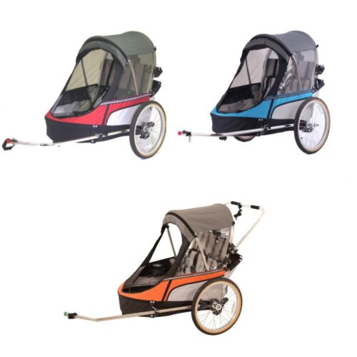 Remorque velo pas cher Wike pour 2 Enfants – Premium Double – Poussette et Kit de Jogging inclus – marine/marron